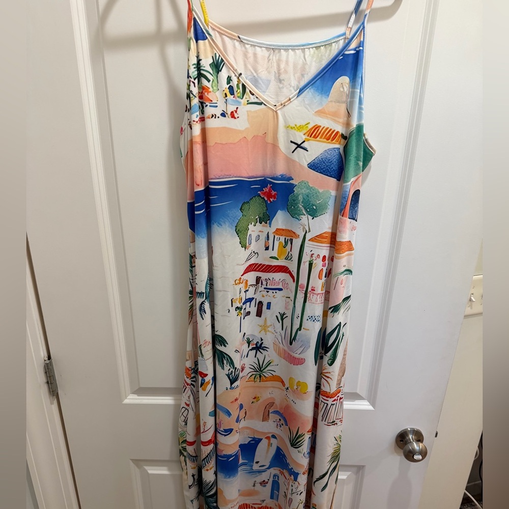 Vibrant Mediterranean-Print Maxi Dress in White Base